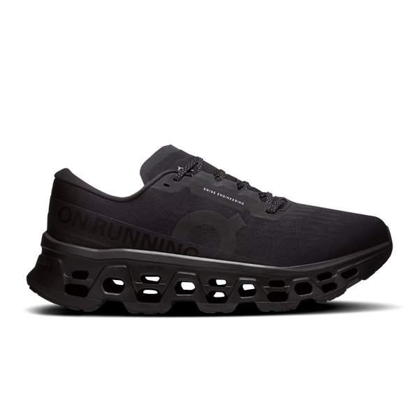 Black running shoe with 'On Running' branding on a white background