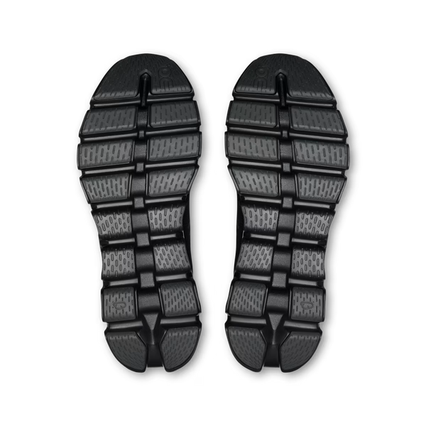 A pair of black textured rubber outsoles shown from above on a plain white background.