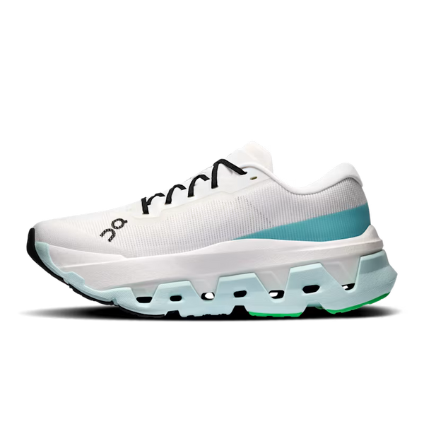 A white running shoe with a thick, sculpted chunky sole in white and light blue, featuring a turquoise side stripe and a small black On logo on the side, shown against a plain white background.