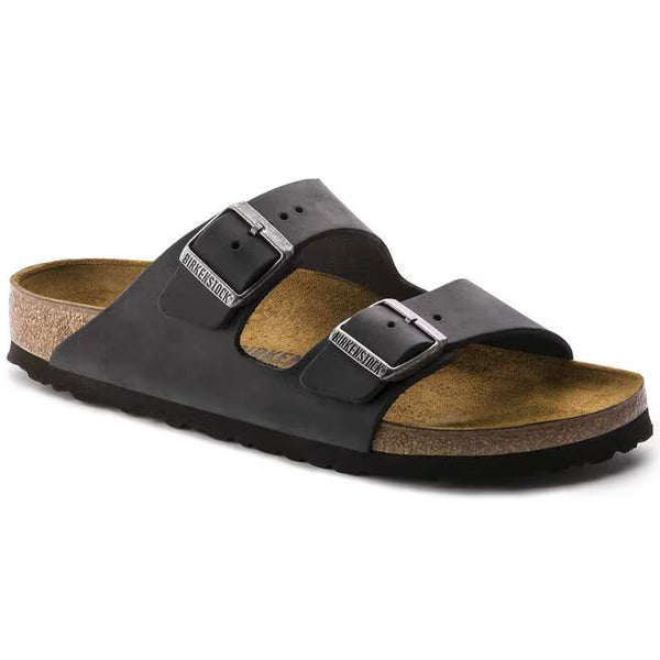 The oiled leather upper of this Arizona is black and has silver buckles.  