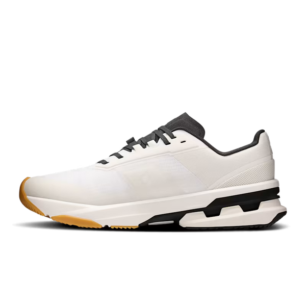 White running shoe with black and brown accents on a white background