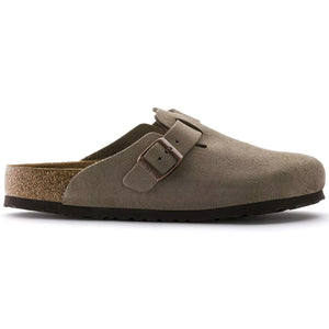 Taupe suede clog on a white background