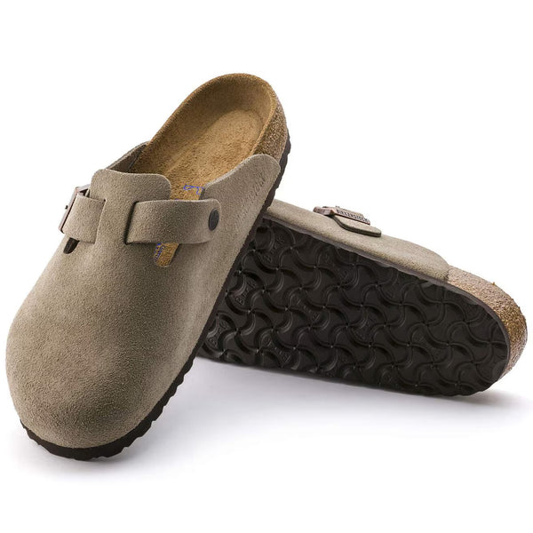 Taupe suede clog on a white background