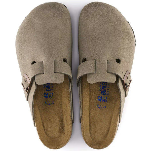Taupe suede clog on a white background
