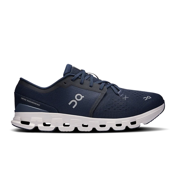 Navy and white athletic shoe on a white background