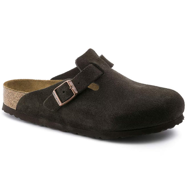 Deep brown suede clog on a white background