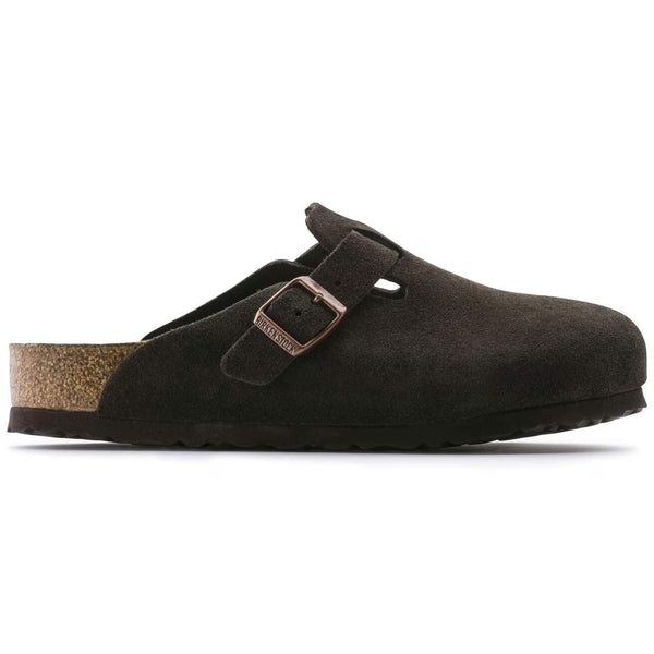 Deep brown suede clog on a white background
