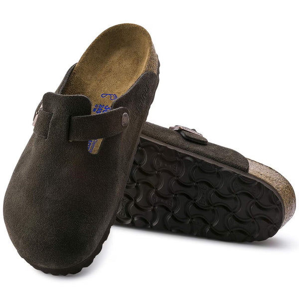 Deep brown suede clog on a white background