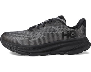 This picture shows a all black kids Hoka Clifton 9. 