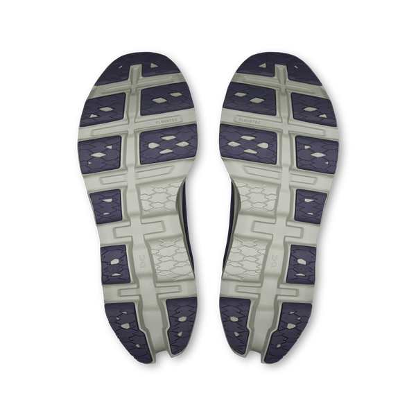 Pair of gray and purple shoe insoles on a white background