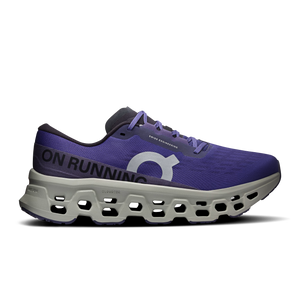 Purple running shoe with 'On Running' branding on a white background