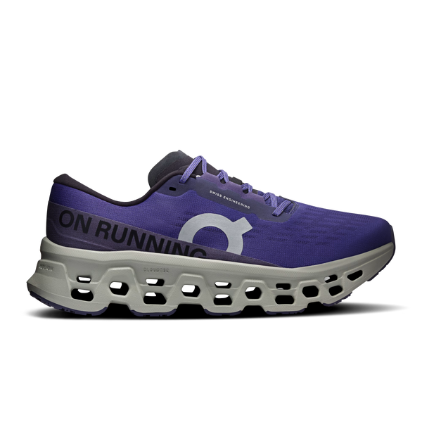 Purple running shoe with 'On Running' branding on a white background