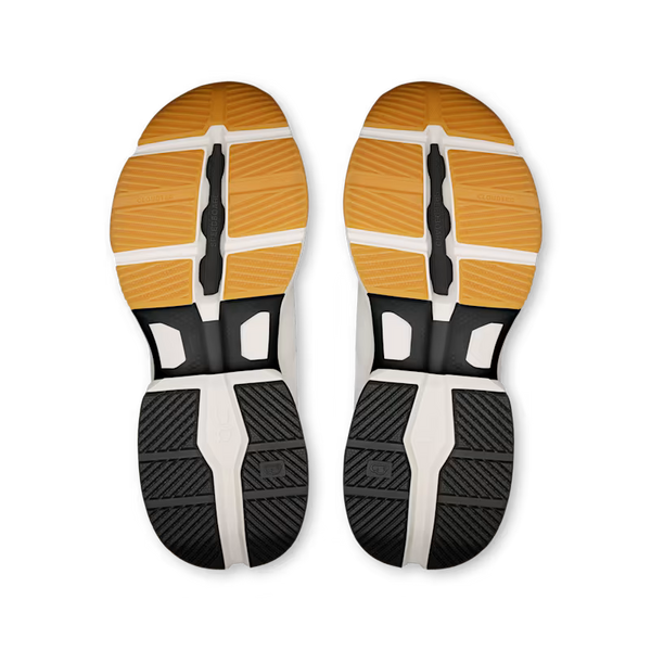 White running shoe with black and brown accents on a white background