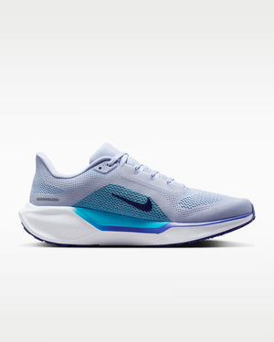 Light blue running shoe with a white sole on a white background