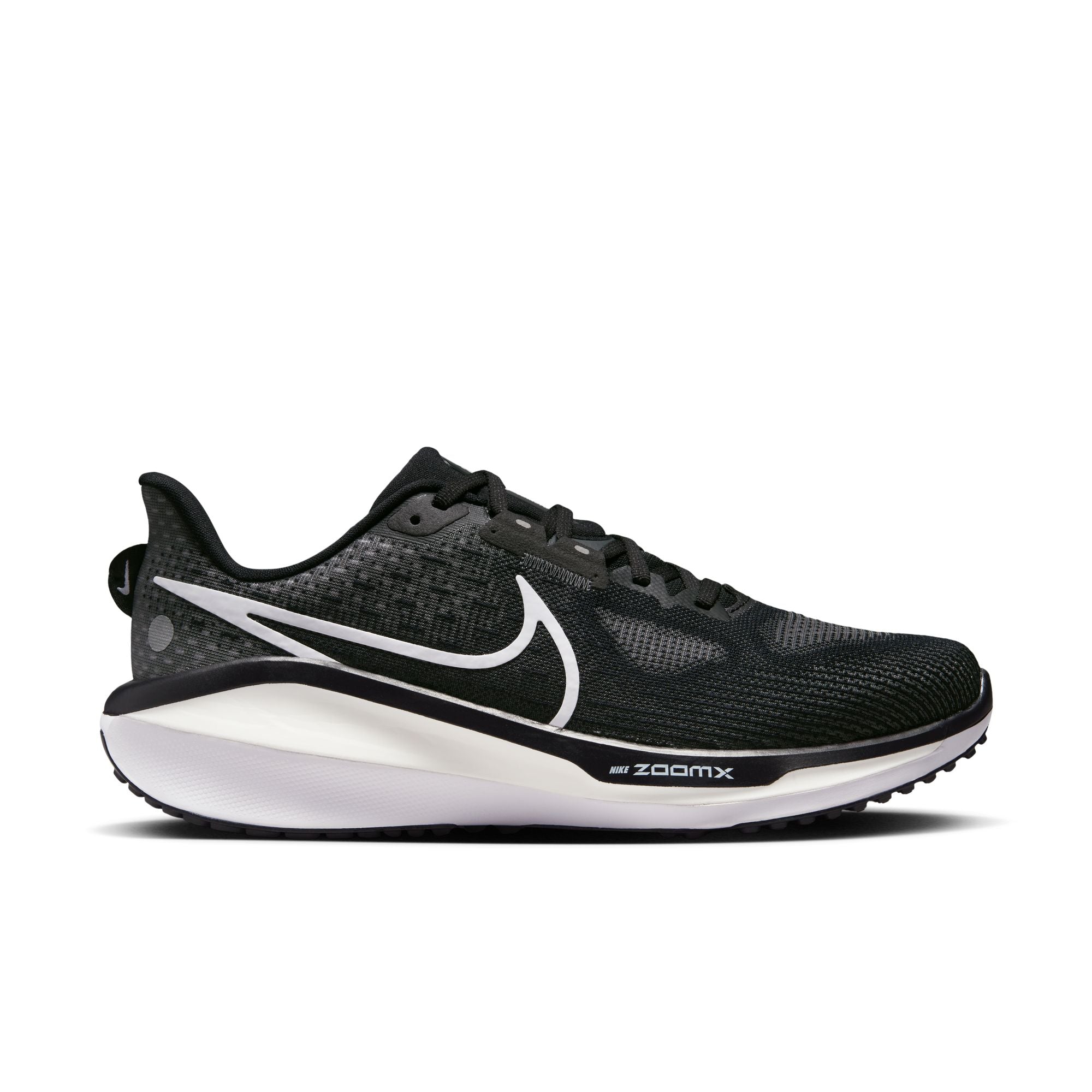 This Nike running shoe has a black and white upper