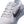 Super close up of a gray running shoe with black Nike logo on a white background.