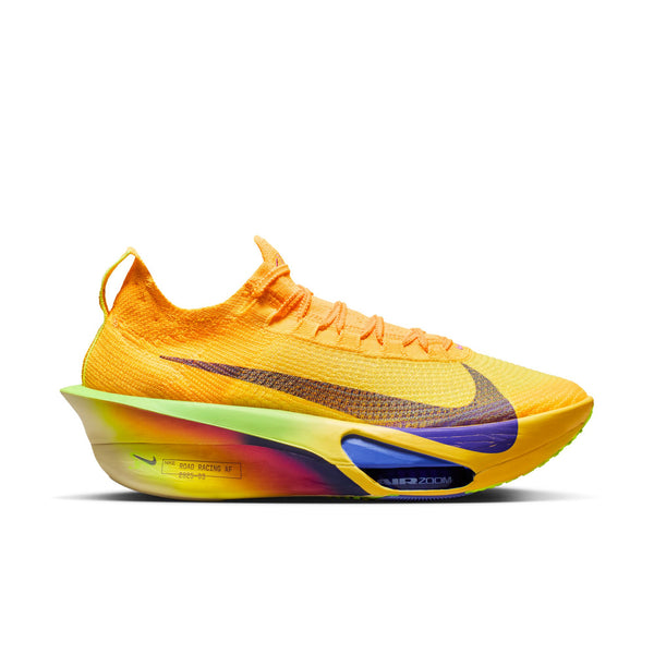 Brightly colored running shoe with a prominent brand logo on a white background