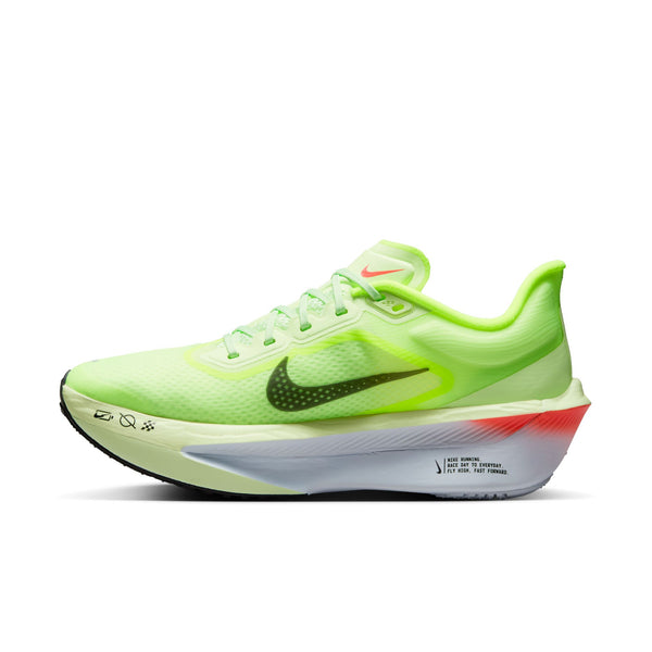 The medial side of the Women's Zoom Fly 6 has a small Swoosh that is black.