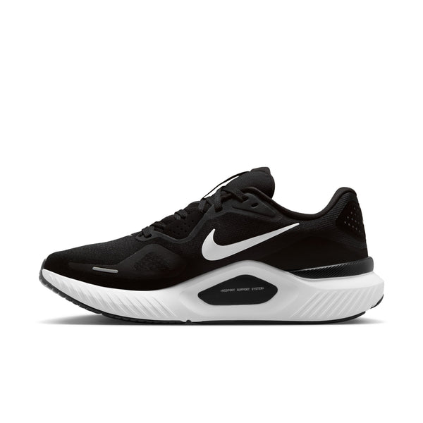 Black running shoe with white Nike logo on a white background.