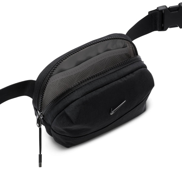 Black waist bag with a visible brand logo on a white background