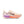 Beige running shoe with purple and orange accents on a white background
