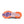 Close-up of a shoe sole with orange and purple tread pattern on a white background