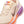 Beige running shoe with purple and orange accents on a white background