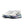 Pair of white running shoes with blue and pink accents on a white background
