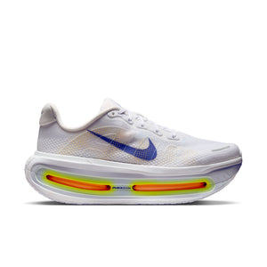 White running shoe with colorful sole on a white background