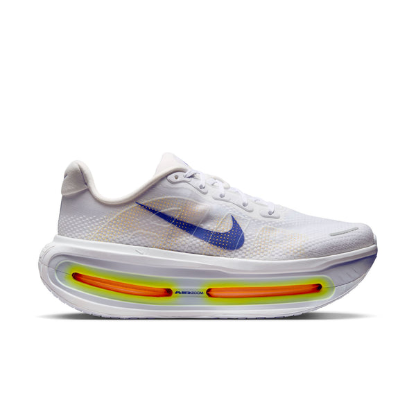 White running shoe with colorful sole on a white background