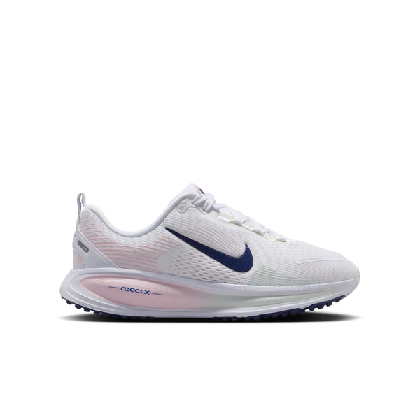 A White kid's Nike running shoe with blue swoosh logo on a white background