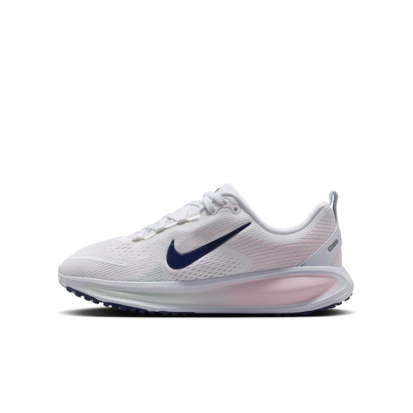 White running shoe with a blue swoosh logo on a white background