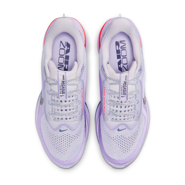 Pair of white and purple running shoes on a white background