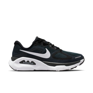 Black and white running shoe with Nike logo on a white background