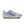 Blue trail running shoe with a white sole on a white background