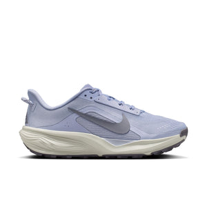 Blue trail running shoe with a white sole on a white background