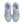 Pair of light blue sneakers with white soles on a white background from a top down view.