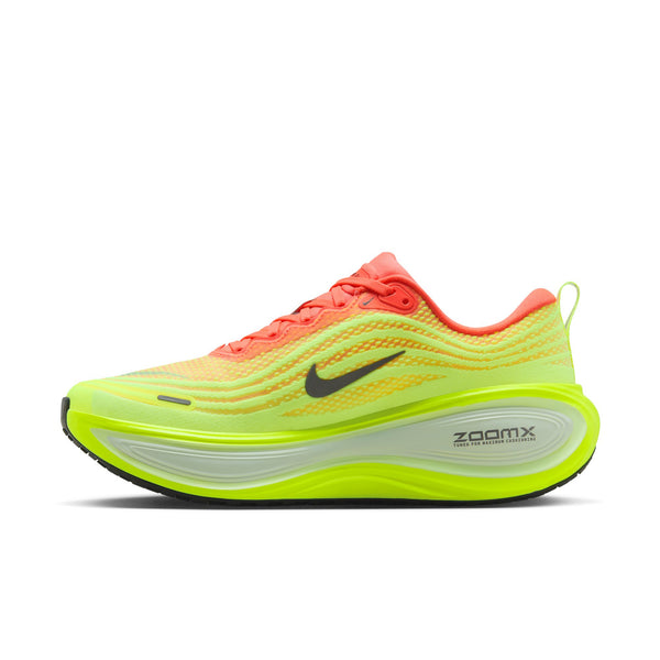 Medial side of a Nike running shoe with very bright colors.