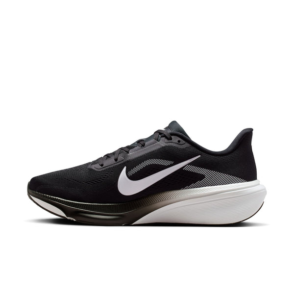 Black running shoe with white Nike logo on a white background