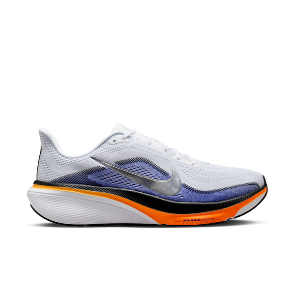 White running shoe with orange and black accents on a white background