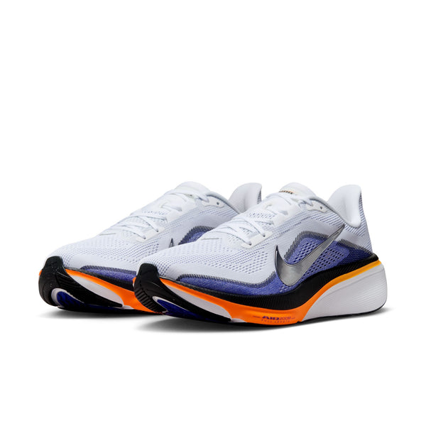 White running shoes with orange and blue accents on a white background