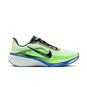 Green and blue Nike pegasus 42 running shoe with black swoosh logo on a white background