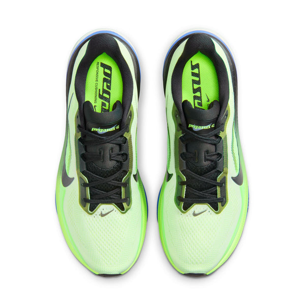 Pair of neon green and black running sheos from the top down view that has the model name on teh tongue.