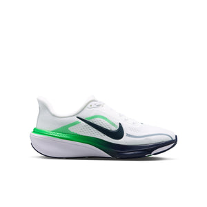 A Nike running shoe in white with a dark navy Swoosh, a bright green heel accent, and a green-to-navy gradient midsole, shown from the side on a white background.