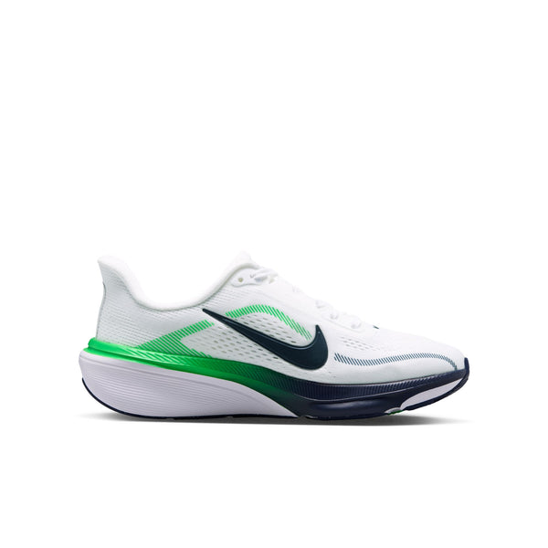 A Nike running shoe in white with a dark navy Swoosh, a bright green heel accent, and a green-to-navy gradient midsole, shown from the side on a white background.