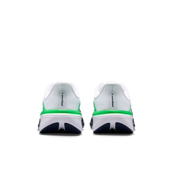 A pair of white running shoes shown from the back, featuring a vibrant neon green accent line and dark navy blue outsoles, on a solid white background.