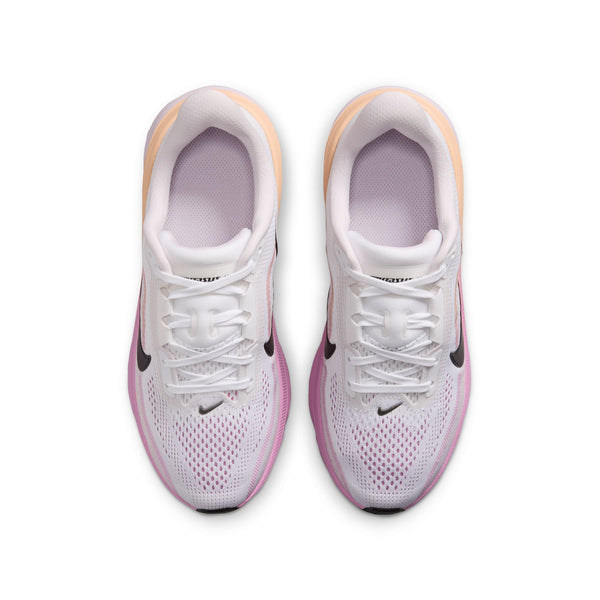 A pair of Nike running shoes shown from a top-down view, featuring a white mesh upper with pink and lavender gradient accents, white laces, and black Swoosh logos.