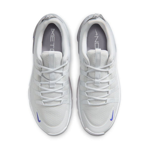 White sneakers with blue accents on a white background