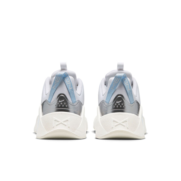 White and gray sneakers with blue accents on a white background