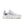 White Nike gym shoe with blue accents on a white background